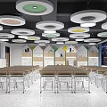 Modern School Classroom Interior With Colorful Walls Circular Pendant Lights And Desks Chairs