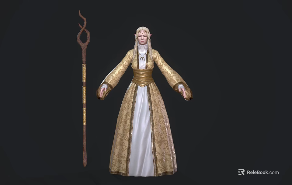 Elegant Elf Sorceress In Gold White Robe Holding Carved Staff And Mythical Creature 3d model 