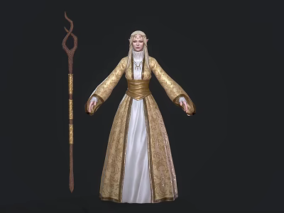 Elegant Elf Sorceress In Gold White Robe Holding Carved Staff And Mythical Creature 3d model