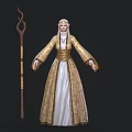 Elegant Elf Sorceress In Gold White Robe Holding Carved Staff And Mythical Creature