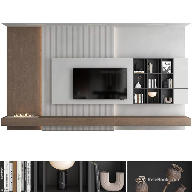Modern TV Wall Design With Wooden Panel Gray Finish And Storage Cabinets 3d model 