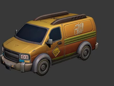 Yellow Delivery Van With Roof Rack Orange Green Stripes And Warning Graphics 3d model
