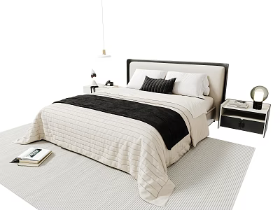Modern Double Bed With Headboard Pillows Blanket Nightstands Table Lamps And Rug 3d model