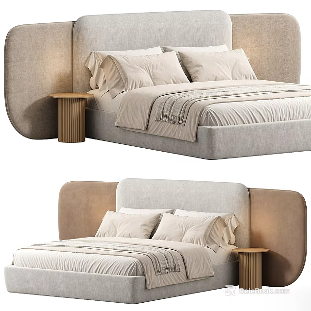 Modern Double Bed With Curved Headboard Soft Bedding And Wooden Nightstand 3d model 