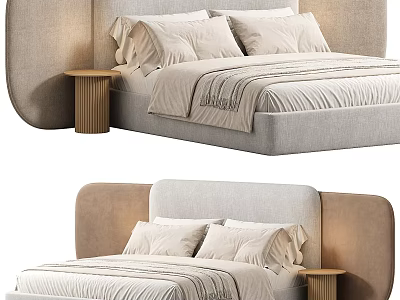 Modern Double Bed With Curved Headboard Soft Bedding And Wooden Nightstand 3d model