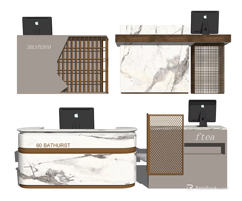 Modern Reception Desk With Marble Countertop Wooden Frame And Computer Monitor 3d model 