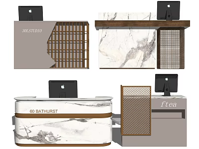 Modern Reception Desk With Marble Countertop Wooden Frame And Computer Monitor 3d model