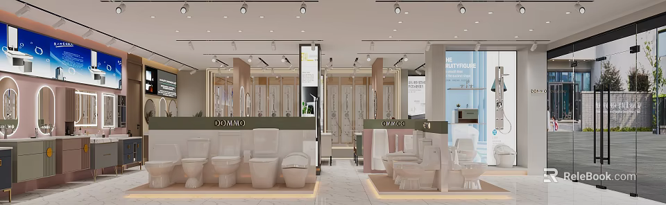 DOMO Bathroom Fixtures Mall Showroom With Toilet Displays And Modern Lighting 3d model 