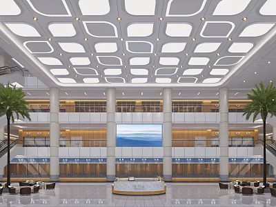 Modern Service Hall Interior With Two Floor Structure Large Screen Palm Trees And Reception Desk 3d model
