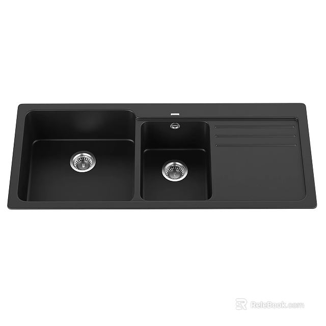 Modern Black Double Bowl Kitchen Sink Featuring Durable Composite Material and Draining Board 3d model