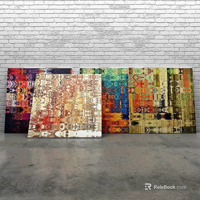 Colorful Abstract Modern Oil Paintings With Rich Texture On Gray Brick Wall And Floor 3d model 