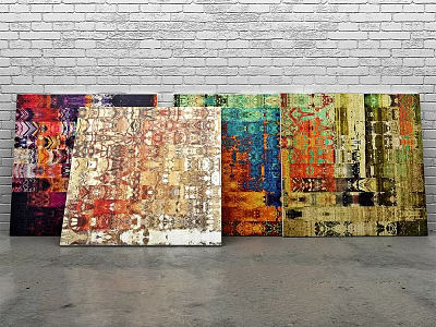 Colorful Abstract Modern Oil Paintings With Rich Texture On Gray Brick Wall And Floor 3d model