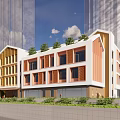 Modern Multi Story Building With White Wooden Facade Large Windows Steps Greenery And Blue Sky