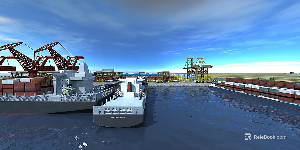 Heavy Duty Swing Door On Cargo Ship Dock With Crane And Calm Water 3d model 