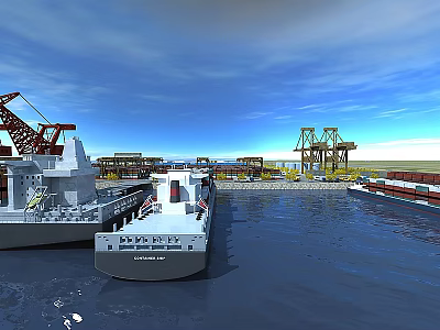 Heavy Duty Swing Door On Cargo Ship Dock With Crane And Calm Water 3d model