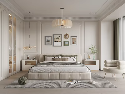 Elegant Bedroom Interior With White Bed Chandelier Decorative Paintings Rug And Armchair 3d model