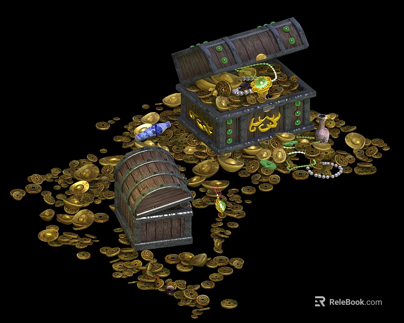 Luxury Jewelry Accessories In Open Treasure Chests With Spilled Gold Coins 3d model 