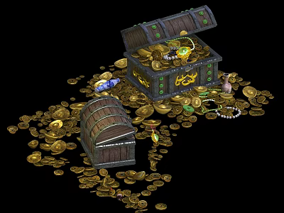 Luxury Jewelry Accessories In Open Treasure Chests With Spilled Gold Coins 3d model