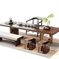 Chinese Style Wooden Tea Table and Chairs with Tea Set Green Plants and Stools
