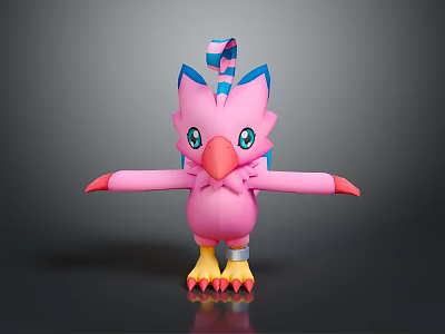 Pink Winged Fantasy Creature Character With Blue Ears Striped Crest And Outstretched Arms 3d model