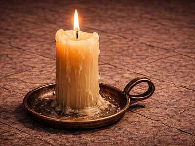 Burning Candle With Melted Wax On Vintage Metal Tray On Textured Surface 3d model