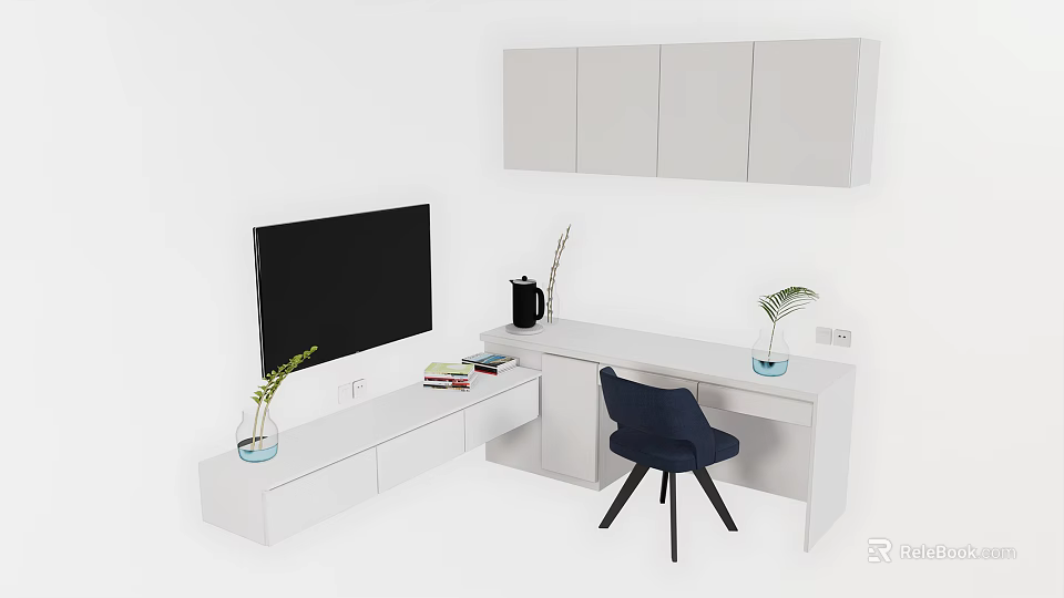 Minimalist White Desk With Blue Chair Wall Cabinets Lamp Books And Plant 3d model 