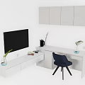 Minimalist White Desk With Blue Chair Wall Cabinets Lamp Books And Plant