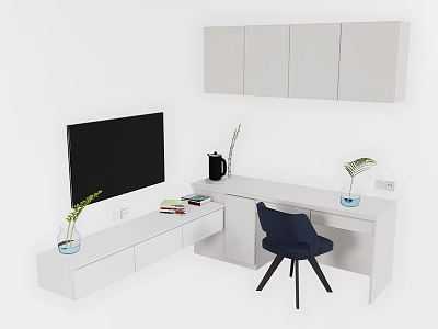 Minimalist White Desk With Blue Chair Wall Cabinets Lamp Books And Plant 3d model