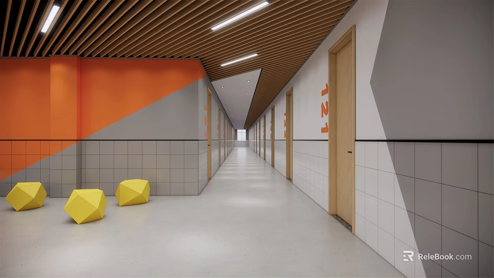 Elevator Hallway With Wooden Ceiling Orange Walls Gray Tiles And Yellow Geometric Seats 3d model 