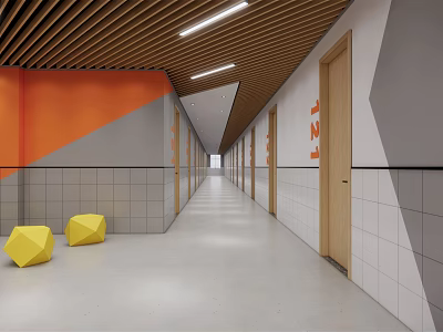 Elevator Hallway With Wooden Ceiling Orange Walls Gray Tiles And Yellow Geometric Seats 3d model