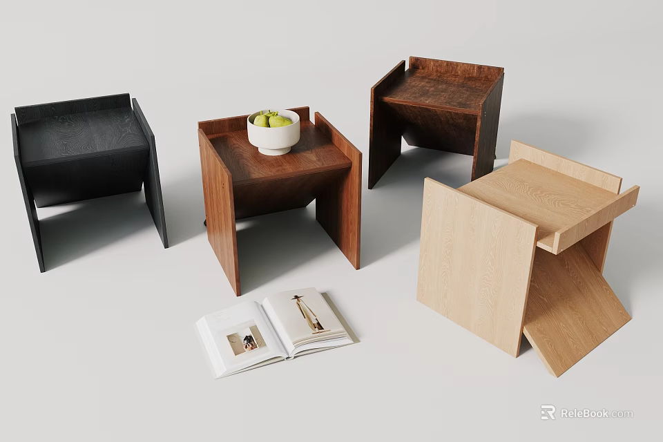 Modern Wooden Bedside Tables With Bowl Of Green Fruits Open Book And Pen 3d model 
