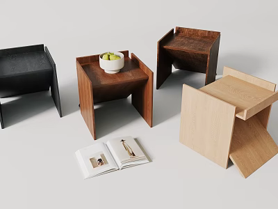 Modern Wooden Bedside Tables With Bowl Of Green Fruits Open Book And Pen 3d model