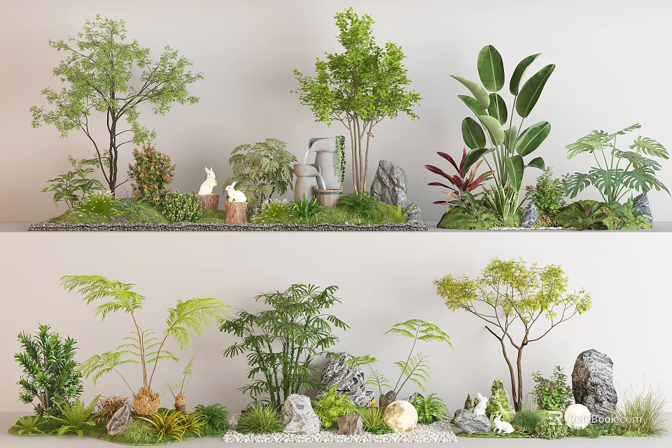 Shrubs in Garden Landscape with Trees Ferns Decorative Stones and Rabbit Figurines 3d model 