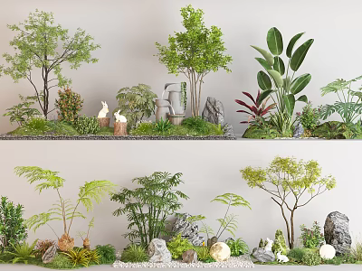 Shrubs in Garden Landscape with Trees Ferns Decorative Stones and Rabbit Figurines 3d model