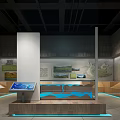 Cultural Center Exhibition Interior With Scenic Murals Display Tables And Information Panels