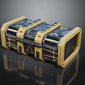Industrial Metal Storage Container With Yellow Blue Stripe Details And Warning Symbols