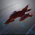 Red Interstellar Spaceship Flying Through Cosmic Starry Sky With Light Rays