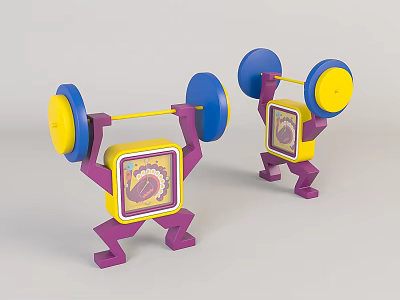 Two Purple Clocks With Yellow And Blue Barbell Square Dial Weightlifting Figure Design 3d model
