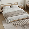 Minimalist Wooden Double Bed with White Bedding Beige Blanket Nightstands Bench and Desk in Bedroom