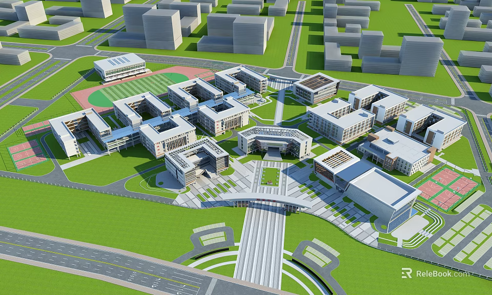 Modern School Buildings Aerial View With Campus Layout Green Spaces And Plaza 3d model 