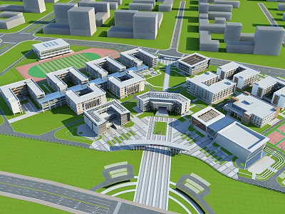 Modern School Buildings Aerial View With Campus Layout Green Spaces And Plaza 3d model