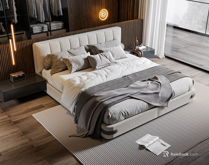 Modern Upholstered Double Bed with Soft Bedding Nightstand and Floor Lamp 3d model 