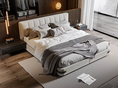 Modern Upholstered Double Bed with Soft Bedding Nightstand and Floor Lamp 3d model