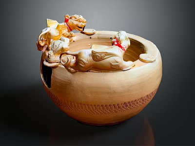 Traditional Handcrafted Ceramic Vessel With Lion Shaped Ornaments Terracotta Color And Intricate Carved Patterns 3d model