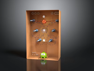 Brown Cardboard Box Game Scene With Green Monster Stars Arrows And Light Bulb 3d model