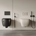 Modern Wall Mounted Black And White Toilets With Control Panels And Bidet Sprays In Light Colored Bathroom