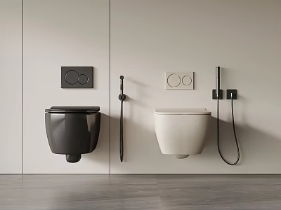 Modern Wall Mounted Black And White Toilets With Control Panels And Bidet Sprays In Light Colored Bathroom 3d model