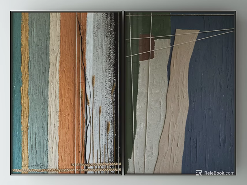 Modern Two Panel Abstract Wall Art With Textured Stripes And Geometric Patterns 3d model