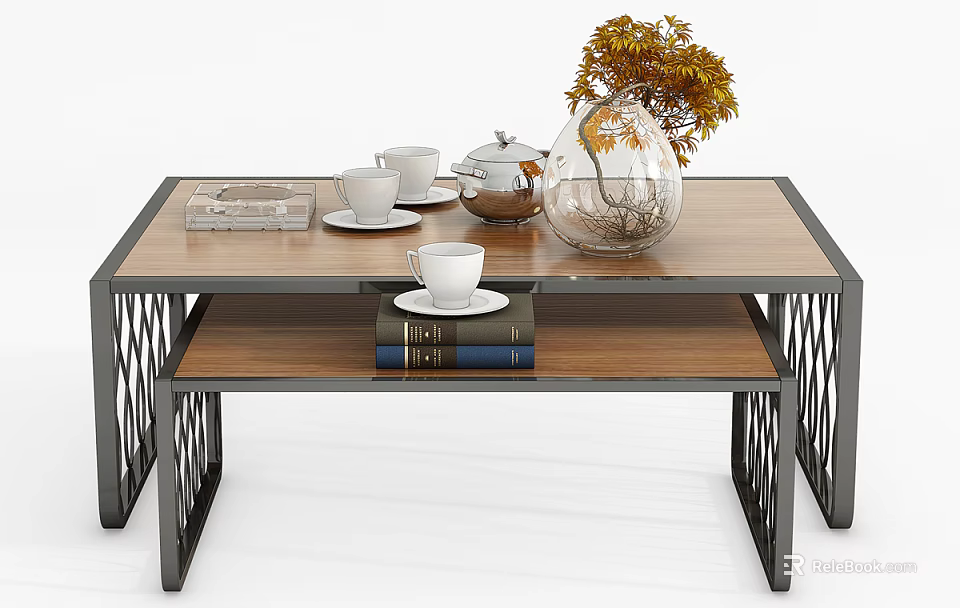 Double Layered Coffee Table With Wooden Top Metal Frame Tea Set Vase And Books 3d model 