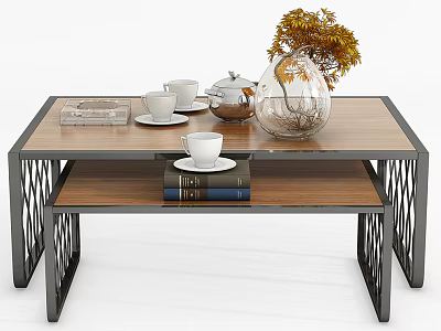 Double Layered Coffee Table With Wooden Top Metal Frame Tea Set Vase And Books 3d model